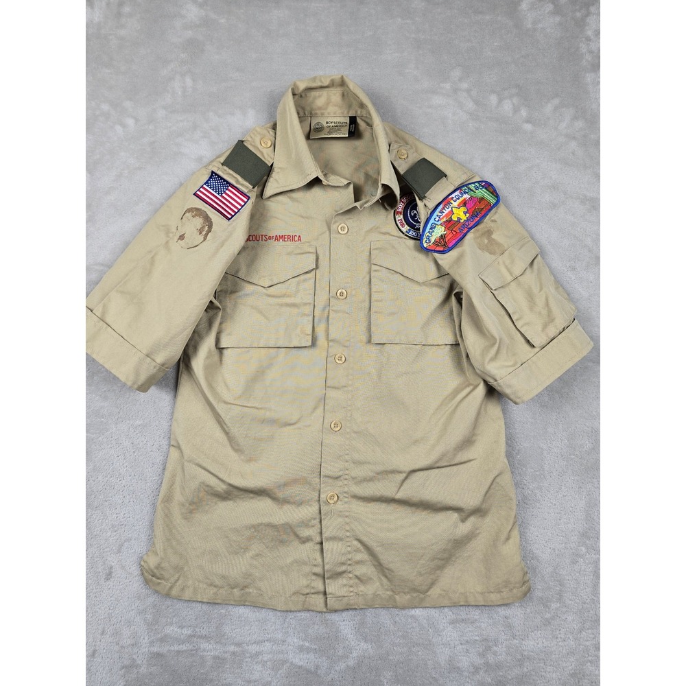 Boy Scouts of America Shirt Kids Youth M Poly Cotton Tan Short‎ Sleeve Patches